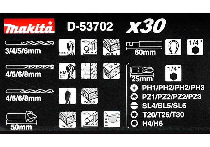 Bộ mũi khoan tổng hợp 30 chi tiết Makita D-53702 Bộ mũi khoan tổng hợp 30 chi tiết Makita D-53702