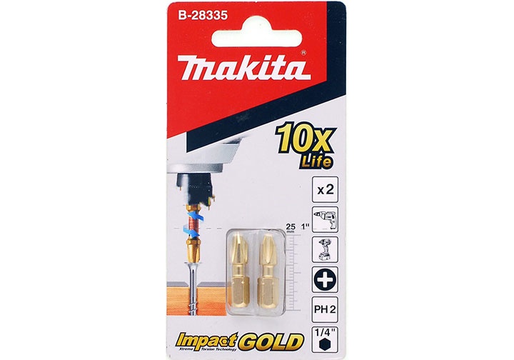 PH2x25mm Bộ mũi vít bake 2 cái màu vàng Makita B-28335